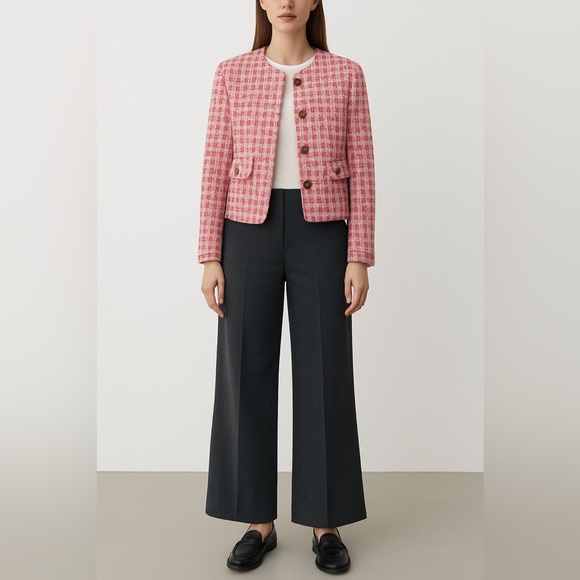 ZARA Houndstooth Tweed Crop Pink White Blazer Size S - Picture 2 of 6